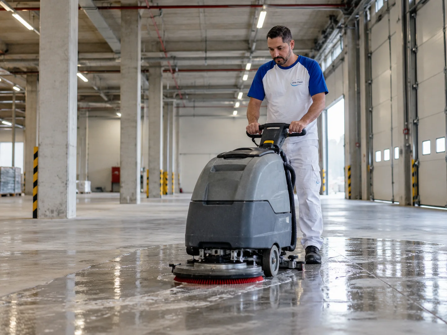 Profissional da Una Clean a utilizar máquina de limpeza de pavimentos num armazém