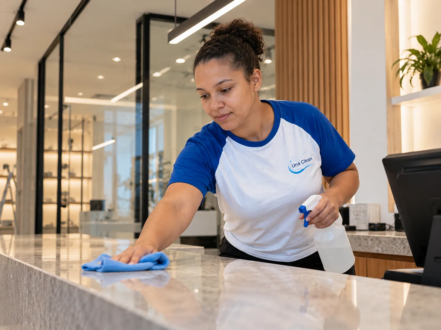Profissional da Una Clean a realizar limpeza num espaço comercial